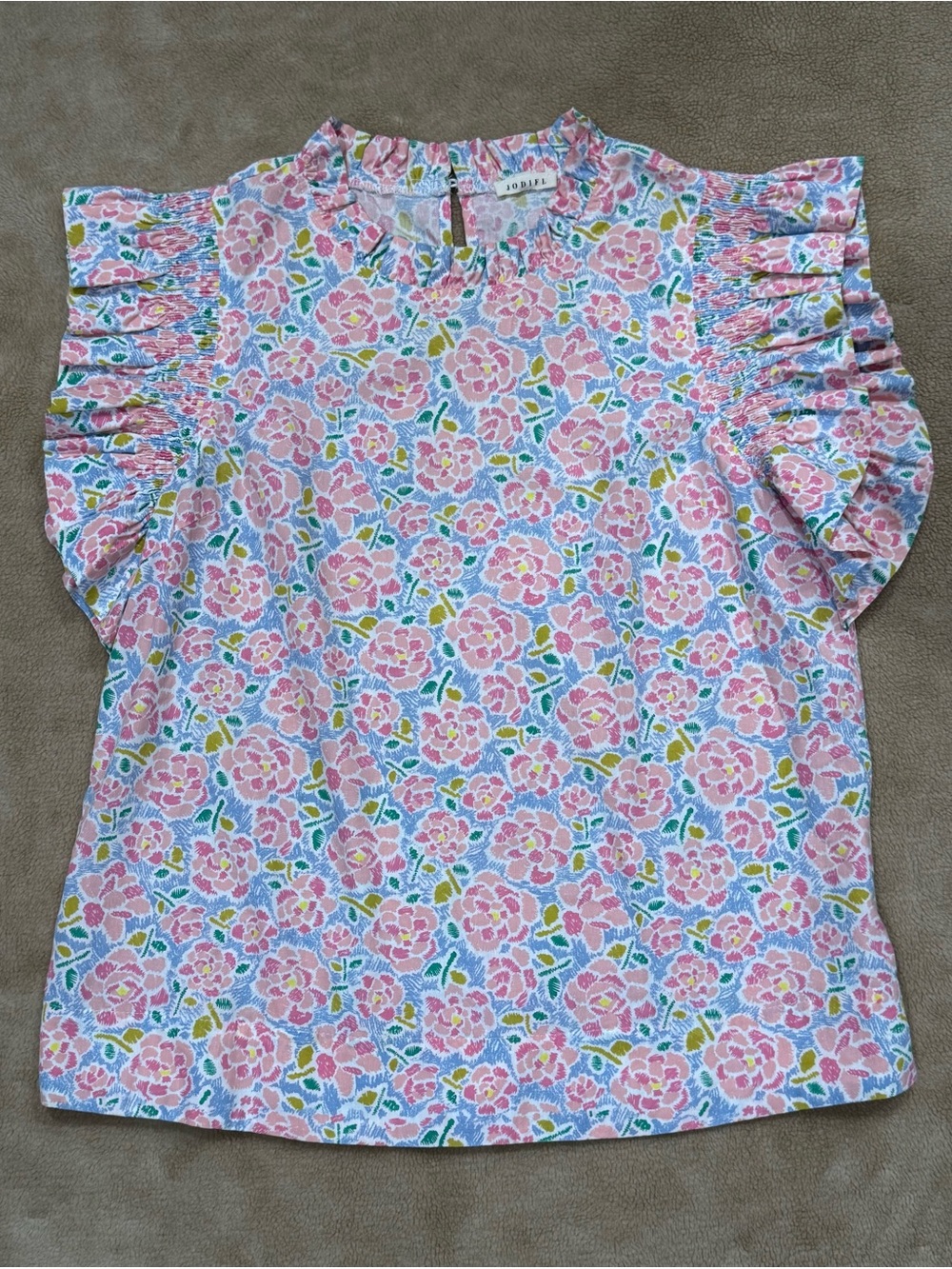 Jodifl Pink Floral Ruffle-Sleeve Women's Top
